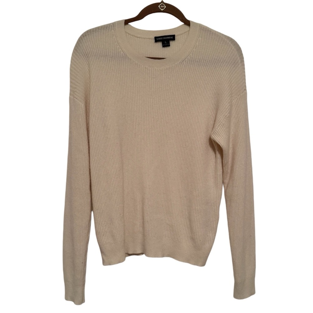 State Cashmere Large Cream Ribbed Sweater Cozy Classic Neutral Capsule Wardrobe